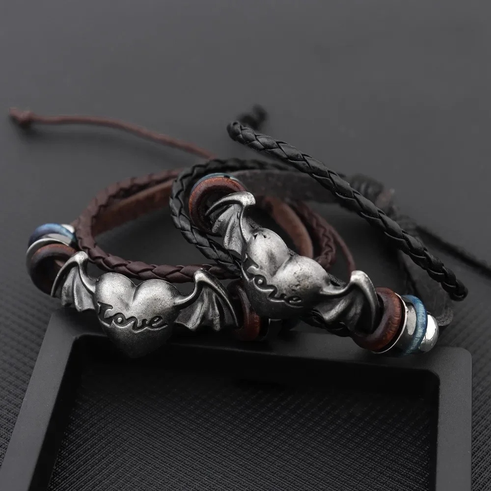 Bat Love Heart Couple Bracelet Multilayer Handmade Wove Leather Bracelet Vintage Men Fashion Hand Chian Jewelry Accessory Gift