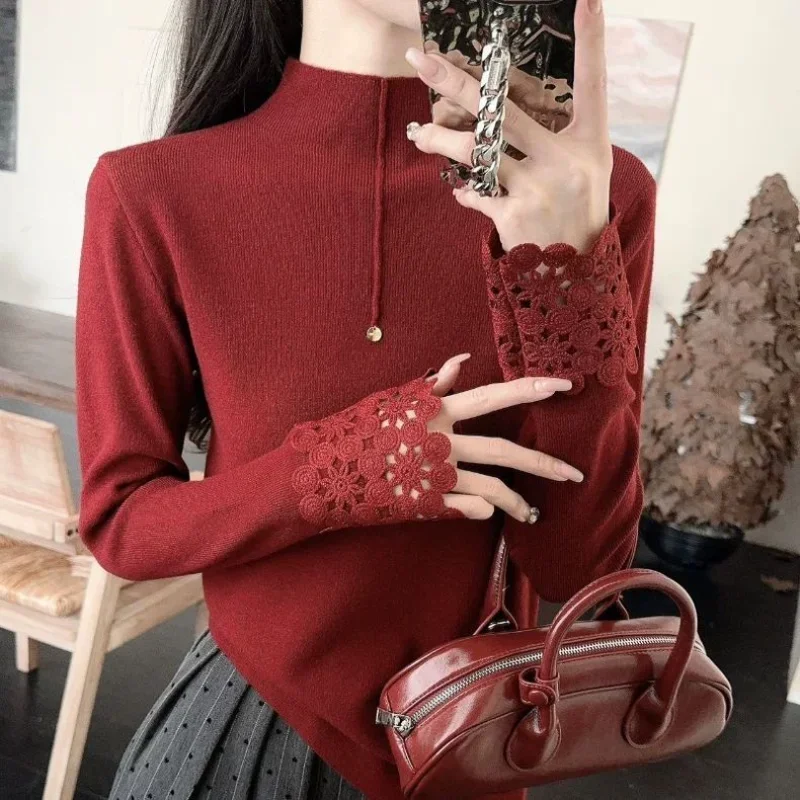 Turtleneck Sweater Fashionable Inner Base Shirt Red Sweater High-end Niche Lace Cuff Spliced
