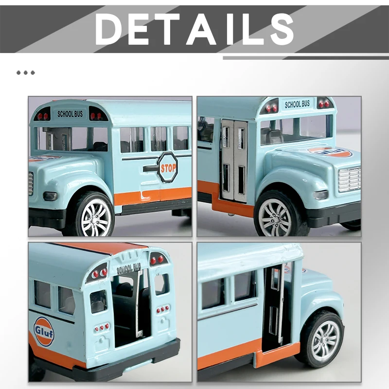 Modelo de Autobús Escolar GULF de Aleación a Escala 1:70, de Alta Calidad, Clásico, con Mecanismo de Retroceso, Réplica de Vehículo en Miniatura para Colección o Regalo
