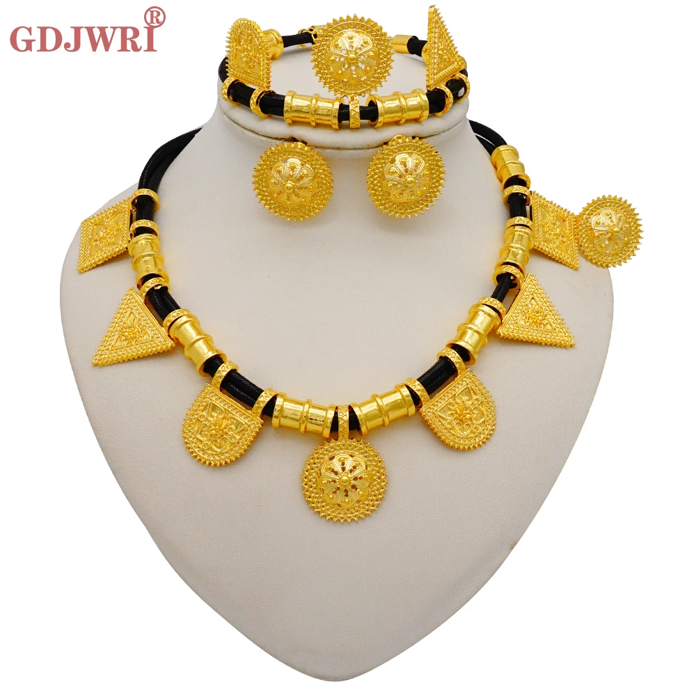 

Fashion Ethiopian Rope Chain Jewelry Set For Women African Ethnic Style Necklace Bracelet Earring Ring Wedding Jewelry Sets