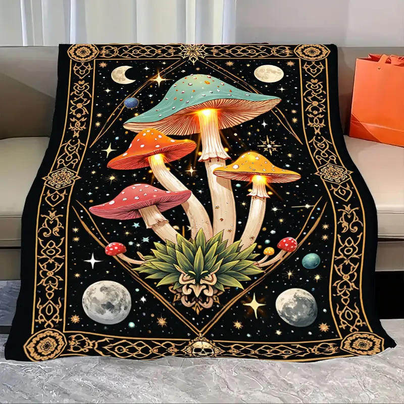 

1pc Flannel Blanket Mystic Mushroom Blanket with Celestial Stars and Moons Design