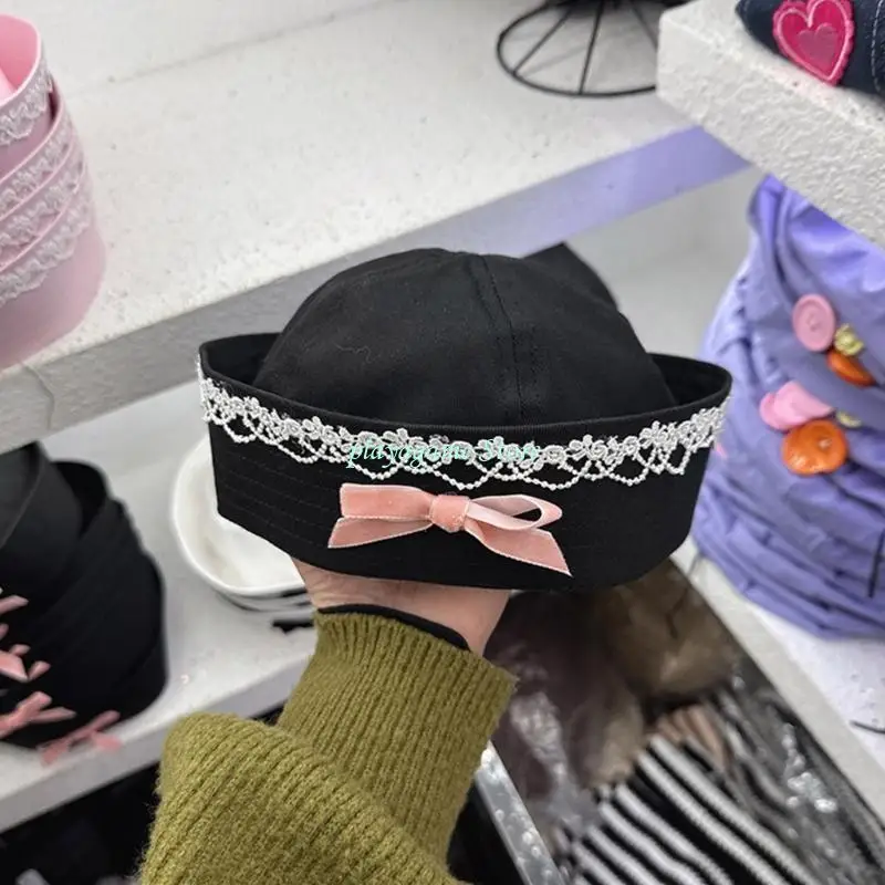 Y88A امرأة قبعة البحرية مع الشارات Bowknot الصغيرة بحار قبعة الربيع Sunproof الكابتن قبعة