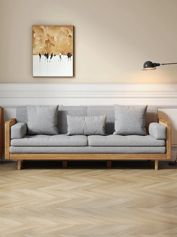 Nordic solid wood fabric sofa, living room, oak small unit combination, modern and simple rattan woven fabric sofa