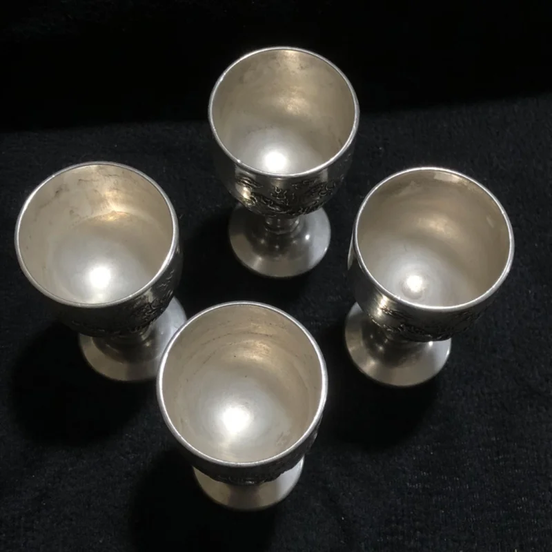 Silver-Plated Copper Double Dragon Goblet Set of Four Home Office Decoration Copperware Collection