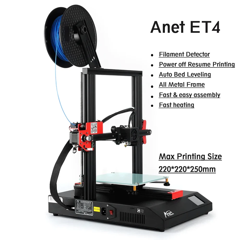 

Anet ET4 3D Printer With Filament Detector Resume Printing Fast Heating Up Max 220*220*250mm US/BR Local Shipping