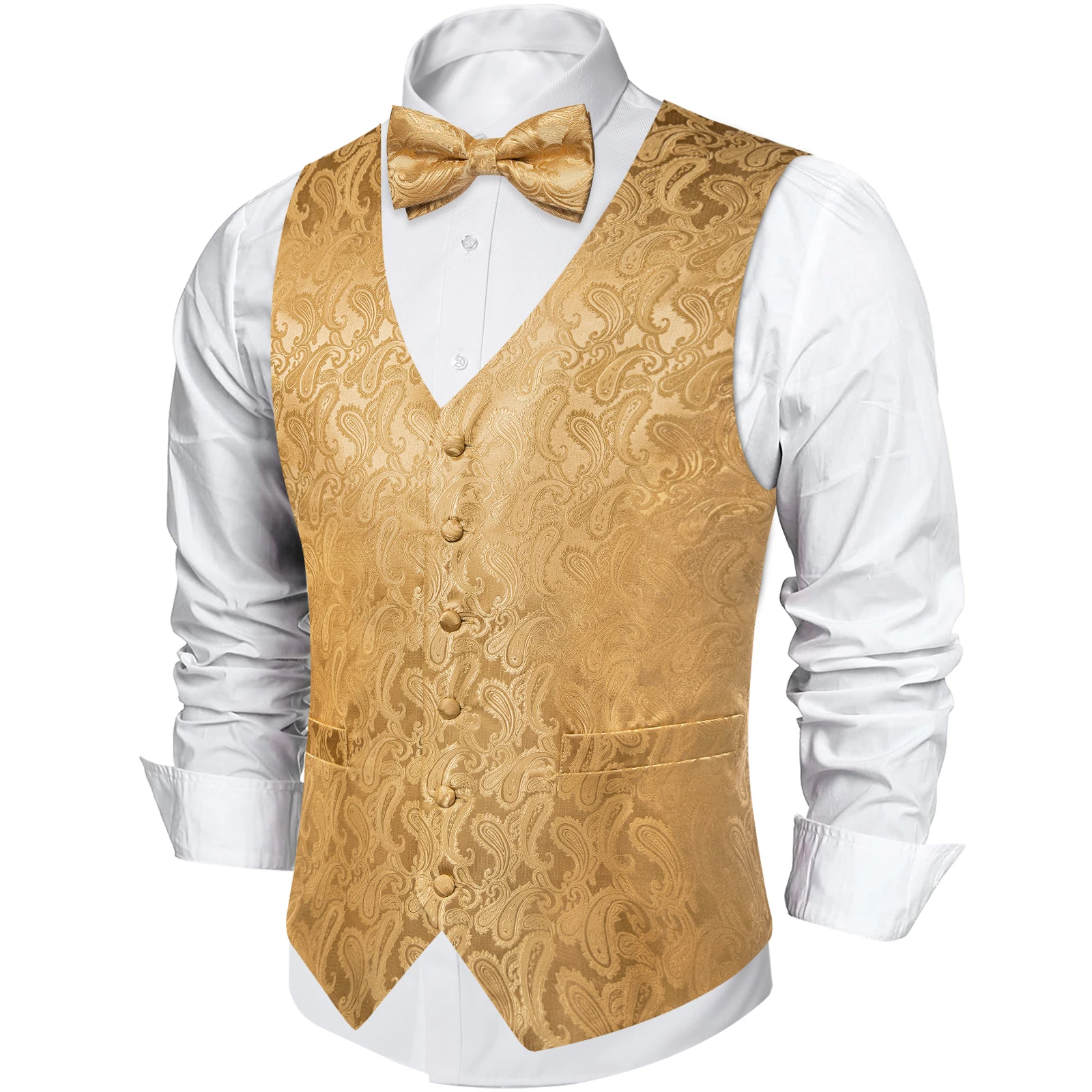 Champagne Paisley V-Neck Vest 4Pcs Set Bow Tie Pocket Square Cufflinks For Wedding Groom Anniversary Banquet