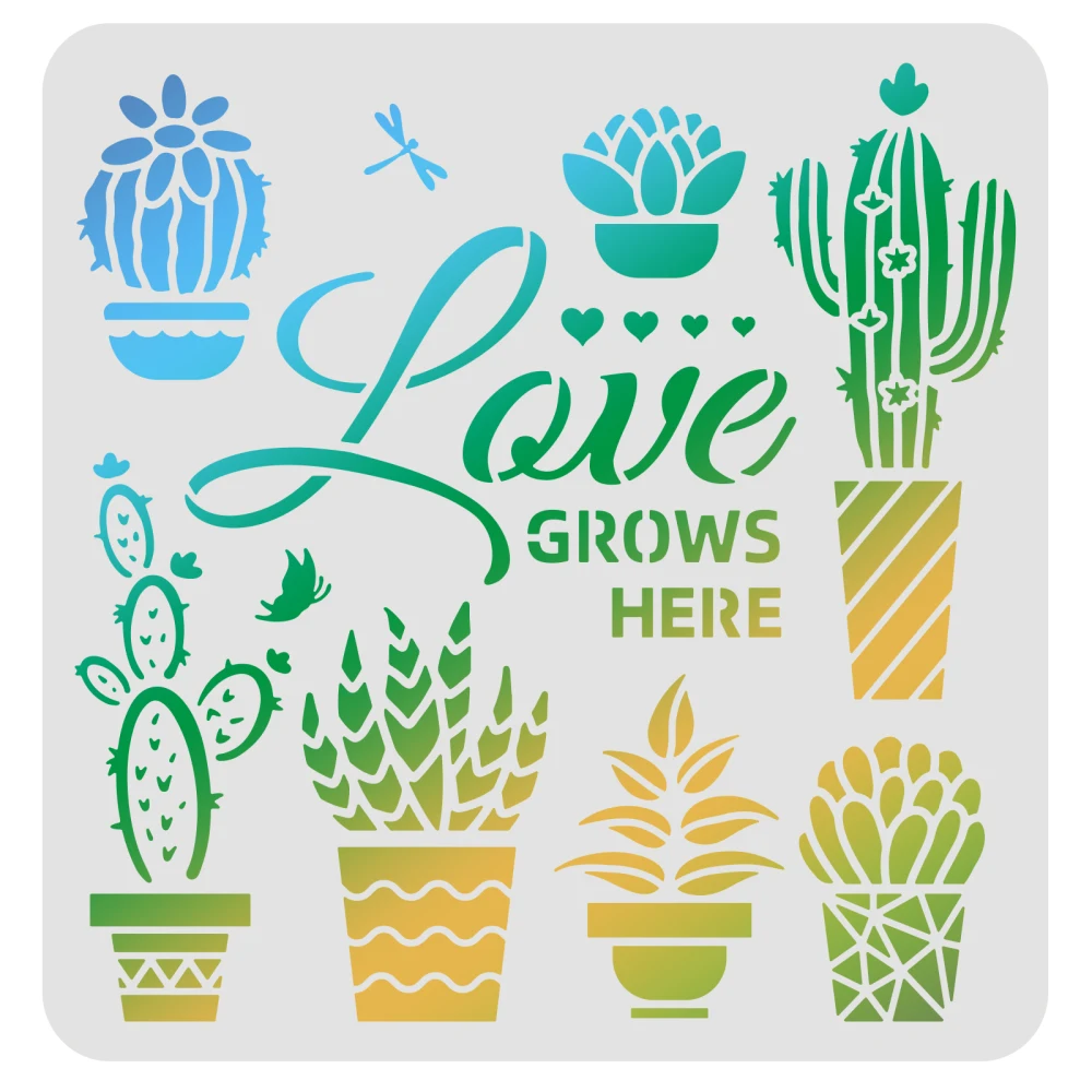 Love Grows Here Stencils Potted Plants Painting Stencil Reusable Cactus Succulents Drawing Stencil Template for Painting on Wood