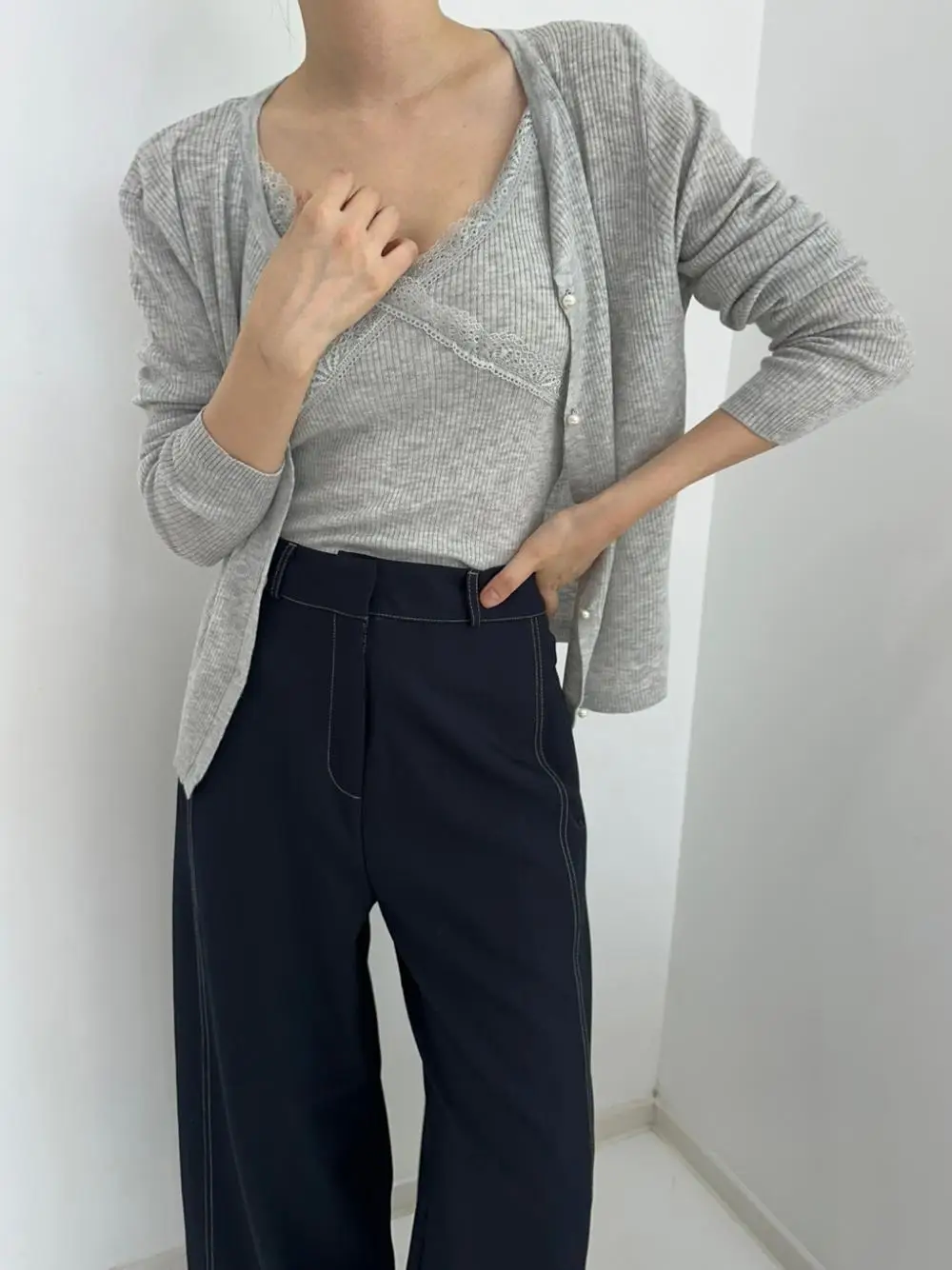 

Women's Lace Trim Splice Crop Top And Bot Set Slimming Elastic Faionable Cotton Blend Spring Autumn Seasonal Wear