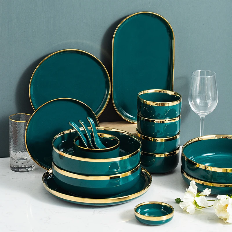 29PCS 4/6 Person Tableware Set Ceramic Plates and Bowls Set Green Dinnerware Set Serving Dishes Set Kitchen Restaurant Hotel