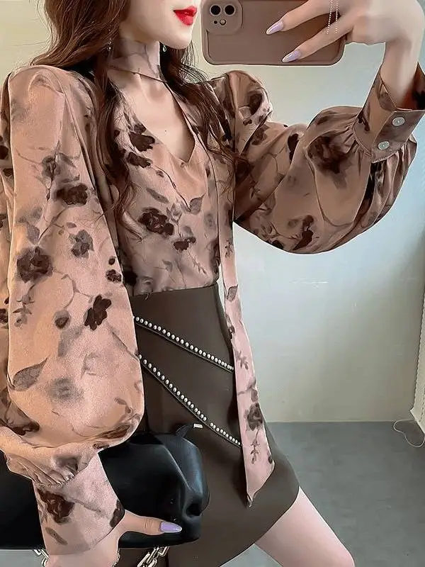 

Sexy Pink Dot Floral Print Chiffon Blouse Puff Sleeve Ribbon Halter Neck Tie Detail Sheer Elegant Vintage Floral Blouse spring