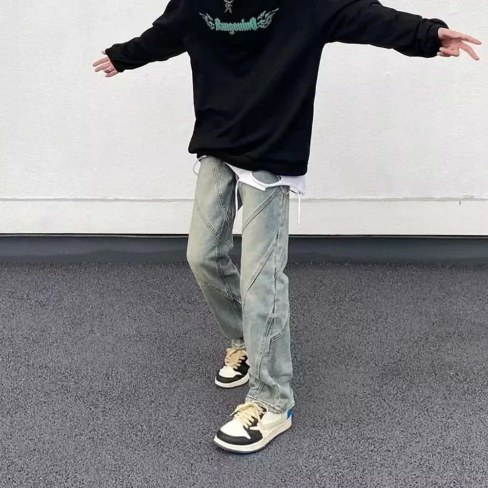 Man Jeans Printed Yellow Mud Dyed Y2k Jeans Men American High Street Pants Retro Loose Straight Hundred Wide Leg Long Pants