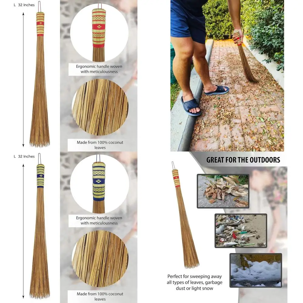 

Durable 32 Multi-Surface Coconut Leaf Broom - Authentic Asian Style, Heavy Duty for Outdoor Use (Country Rustic)
