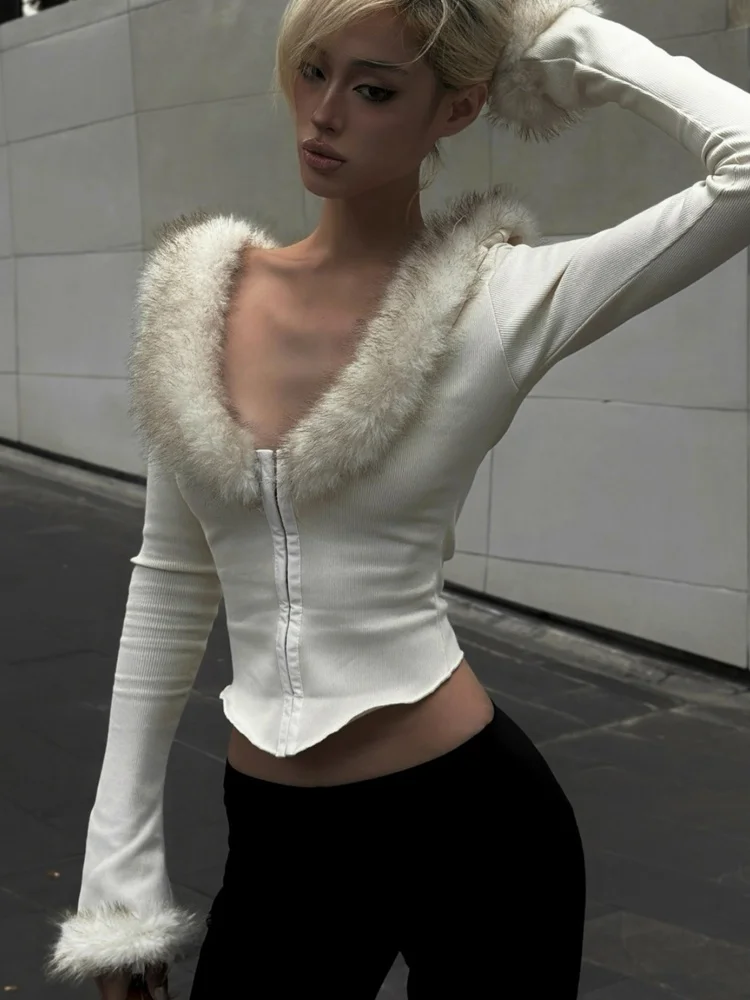 Tossy Faux Fur Trim Deep V Neck Top Long Sleeve Plush Collar Slim Fit Daily Casual Streetwear Fall Winter Button Front Top 2026