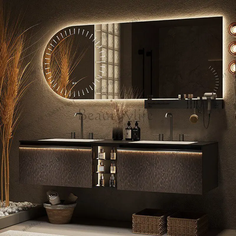 Hotel wind bathroom cabinet combination luminous door toilet washbasin customization