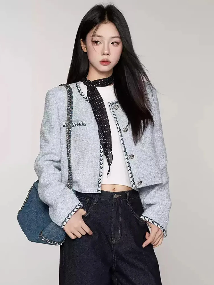 Jmprs Retro Blue Tweed Jackets Women French Elegant Long Sleeve Short Coat Vintage Design Female O Neck High Quality Top Outwear
