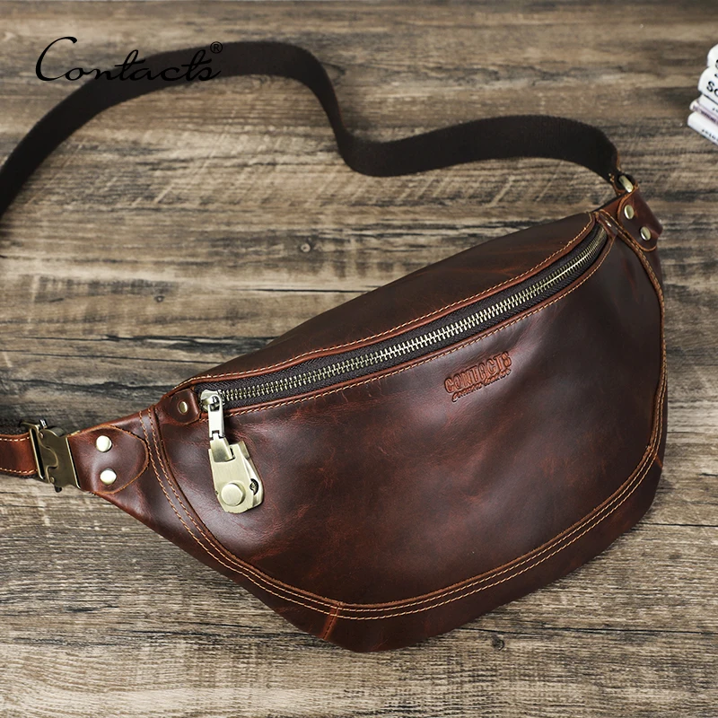 CONTACT'S Genuine Leather Men Waist Bag Designer Password Lock Travel Waist Fanny Belt Pack Small Pouch Pouch Male Chest Bag