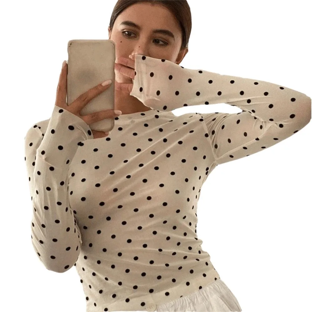 

Comfortable Transparent Polka Dot T-Shirt Leopard Slim Fitted Long Sleeve T-Shirt Round Neck Mesh Top Streetwear