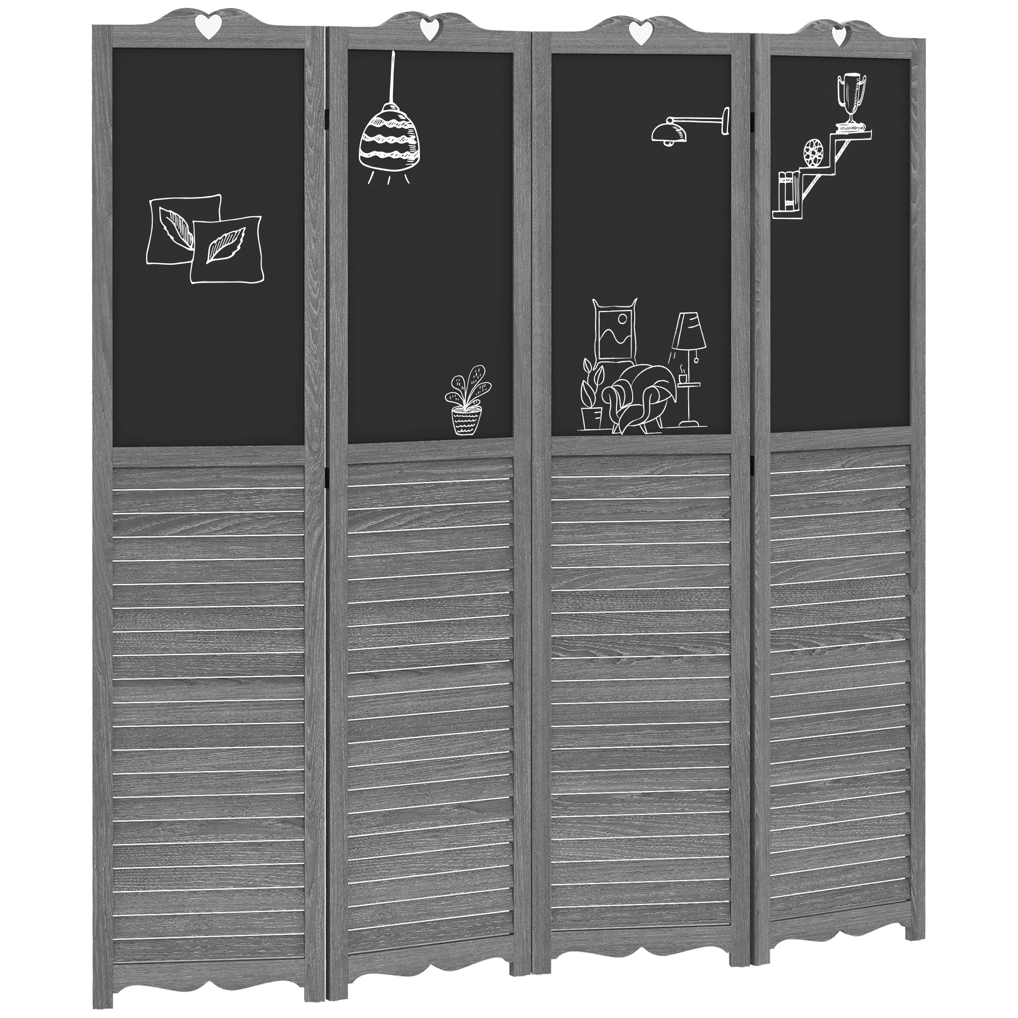 Biombo Separador de Ambientes Plegable de 4 Paneles de Madera con Pizarras para Dormitorio 162x172 cm Gris