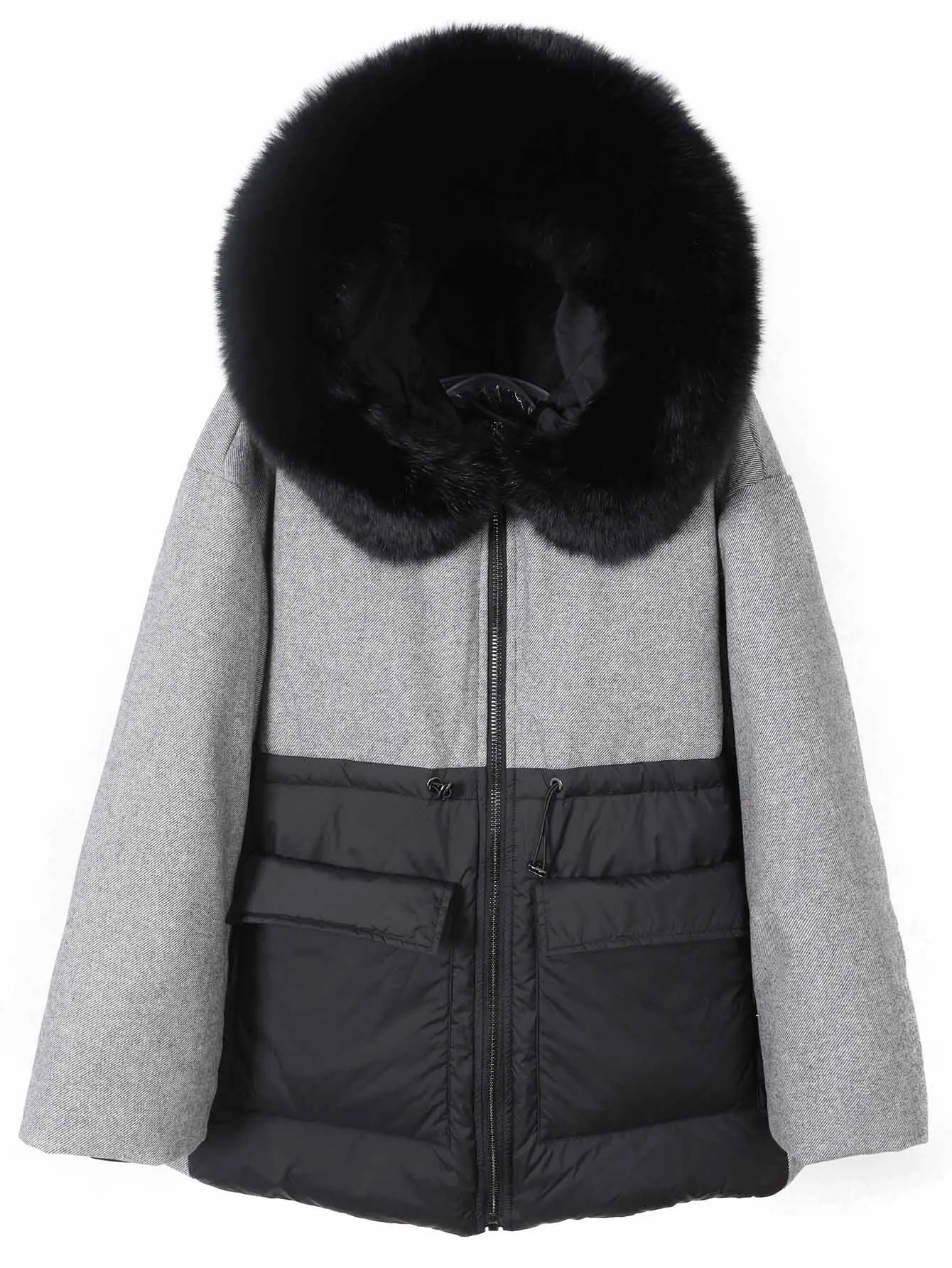 Plus Size Tops Real Fox Fur Collar Down Jacket Coffee Wool Fabric Women's Winter Coat Zipper Fashion