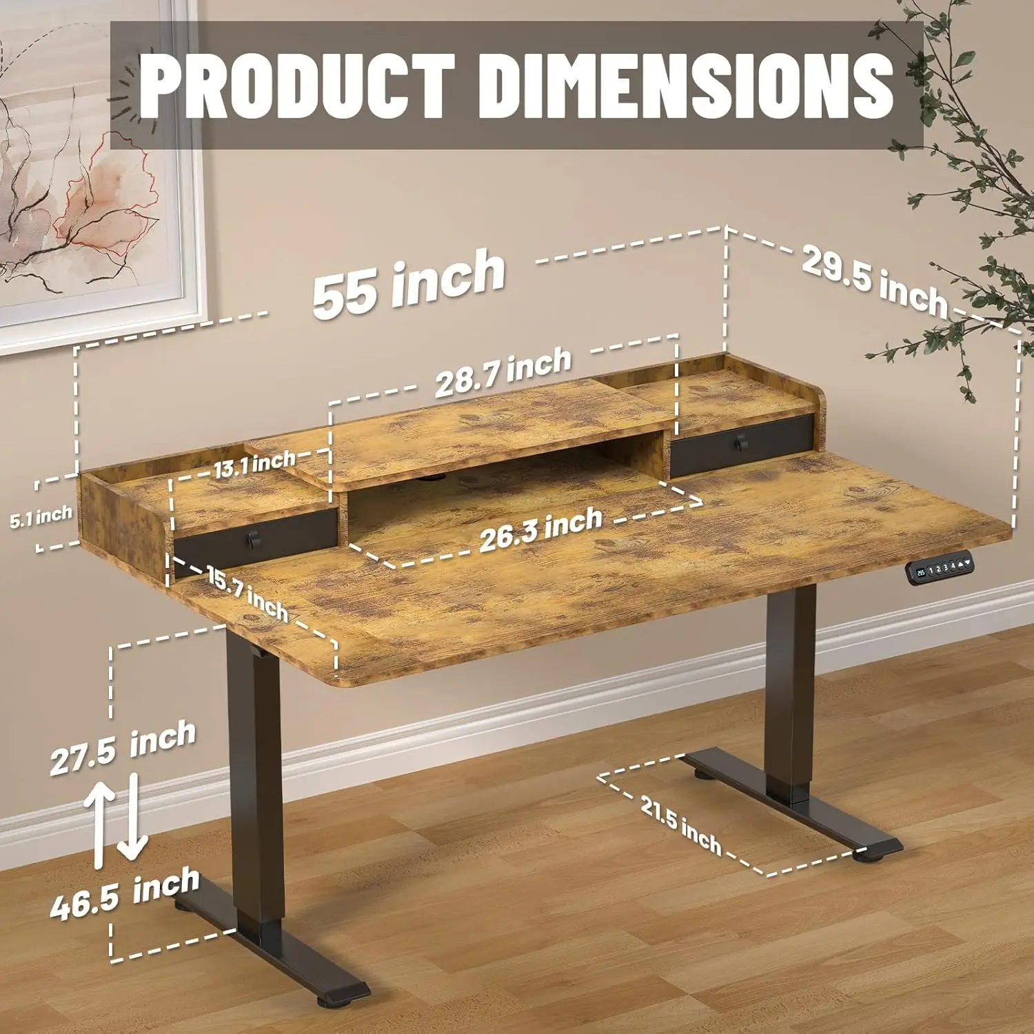 55x30 Inch Electric Standing Desk: Adjustable Height with 2 Drawers & Storage Shelf, Ergonomic Sit/Stand Workstation