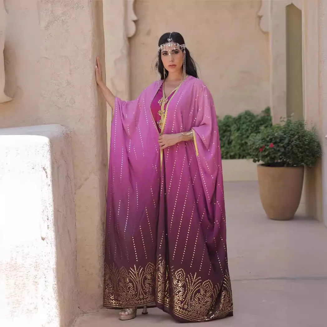 

Fashion Embroidered Gold Plated Abaya Waist Cardigan Set Robe