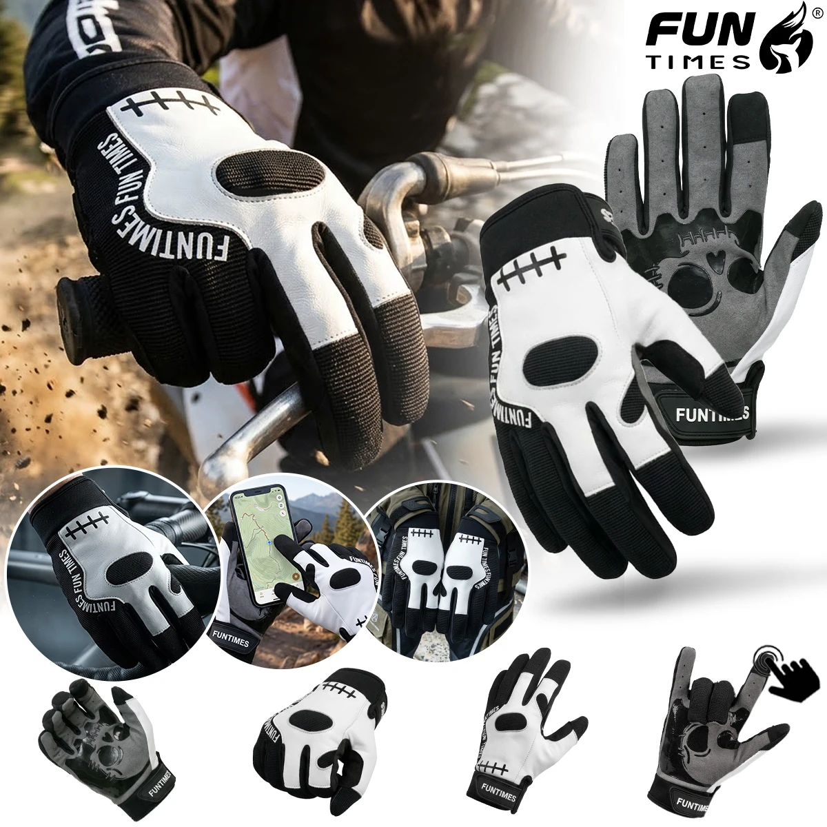 FUNTIMES Cool skeleton motorcycle gloves with black and white contrasting full finger touch screen, bicycle riding sports gloves
