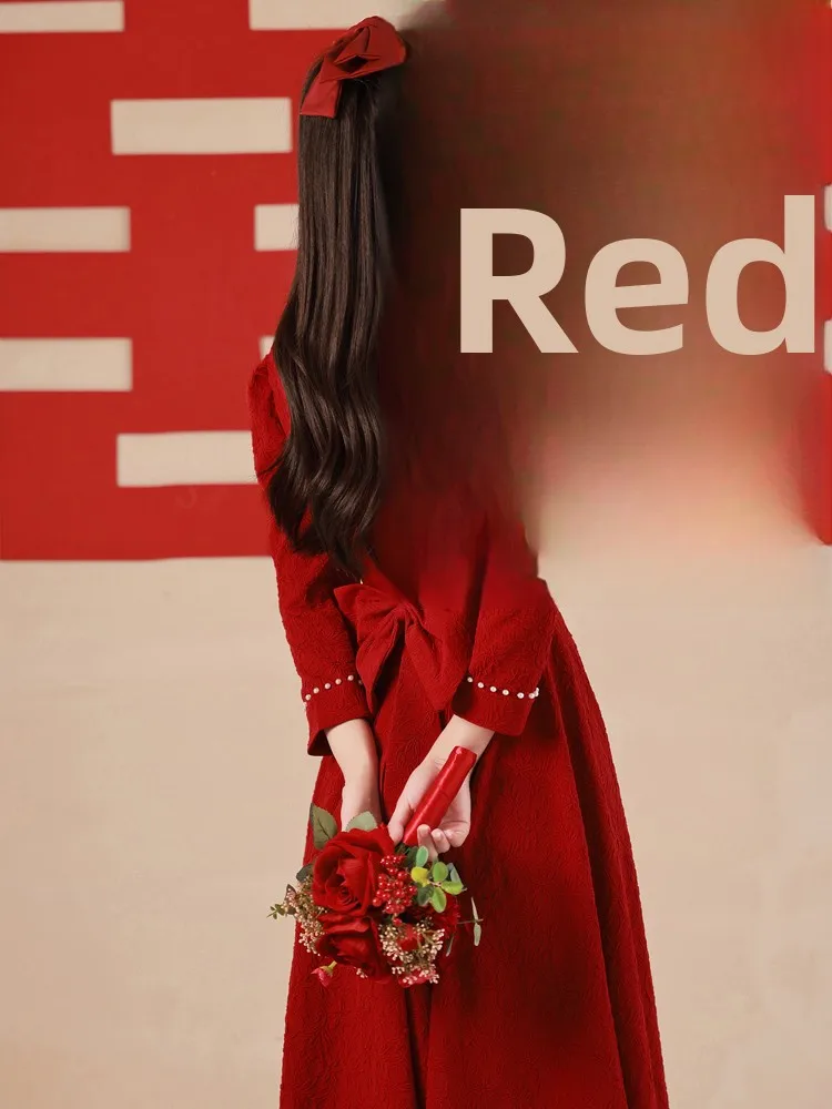 

Red Long-Sve Wedding Dr Women's Formal Gown Korean Sle Mid-Waist A-Line Skirt for Wedding And Par