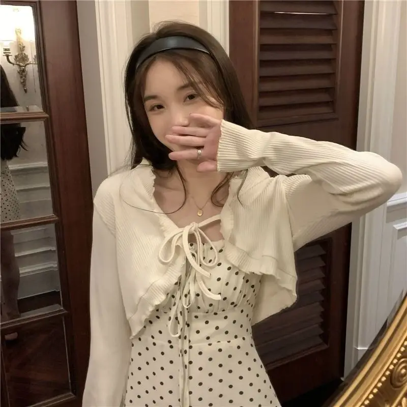 

Jackets Women Crops Sweet Style Korean Sun-proof Breathable Solid Feminine V-neck Design Long Sleeve Outwear All-match Clothes