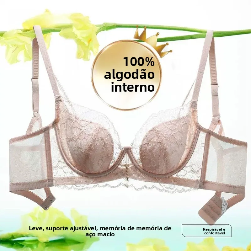 lace-bra-women's-summer-thin-breathable-soft-steel-ring-push-up-anti-sagging-small-chest-gathered-bra-comfortable-underwear