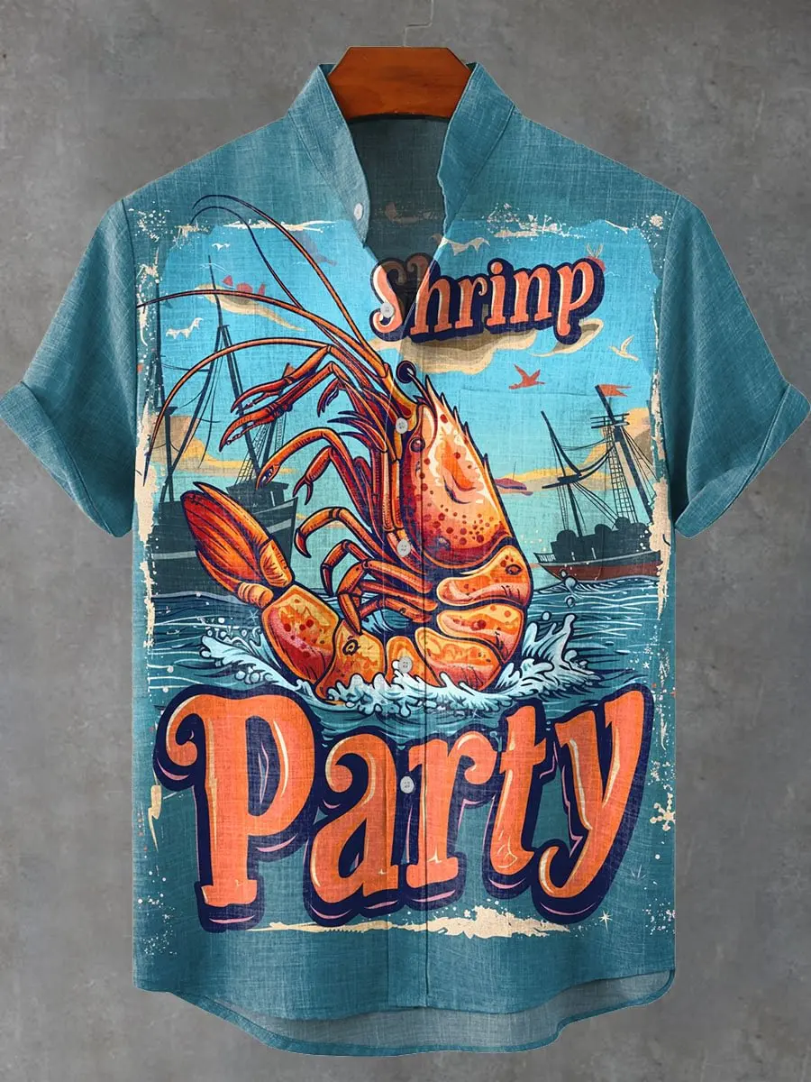 

Red shrimp party printed pattern button shirt, casual and fashionable button shirt suitable for summer outings