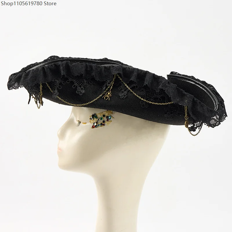 Gothic Retro Tricorn Pirate Hat Lace Gear Bat Decor Steampunk Cosplay Role‑Play Halloween Costume Accessory Headwear Prop
