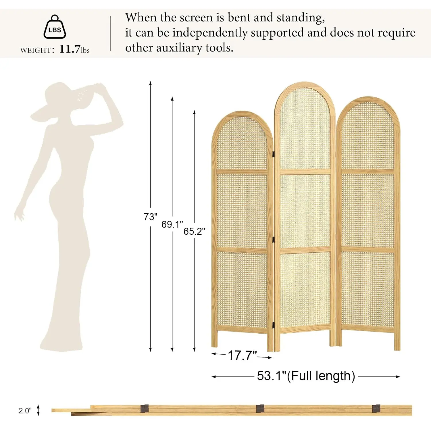 3-Panel Rattan Room Divider, Foldable Privacy Screen with Wooden Frame, Freestanding Partition for Home Office & Bedroom, Natura
