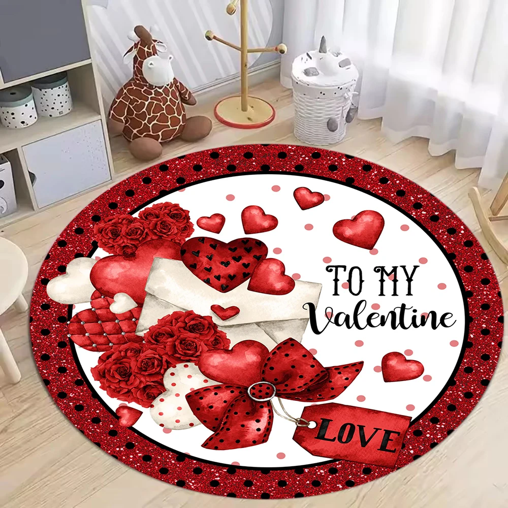 Runder Teppich, Valentinstag, Herz, rotes Auto, Rosen, Liebesbotschaft, romantische Schlafzimmerdekoration, Bodenmatte, Weihnachtsgeschenk, Küchenteppich, Heimdekoration