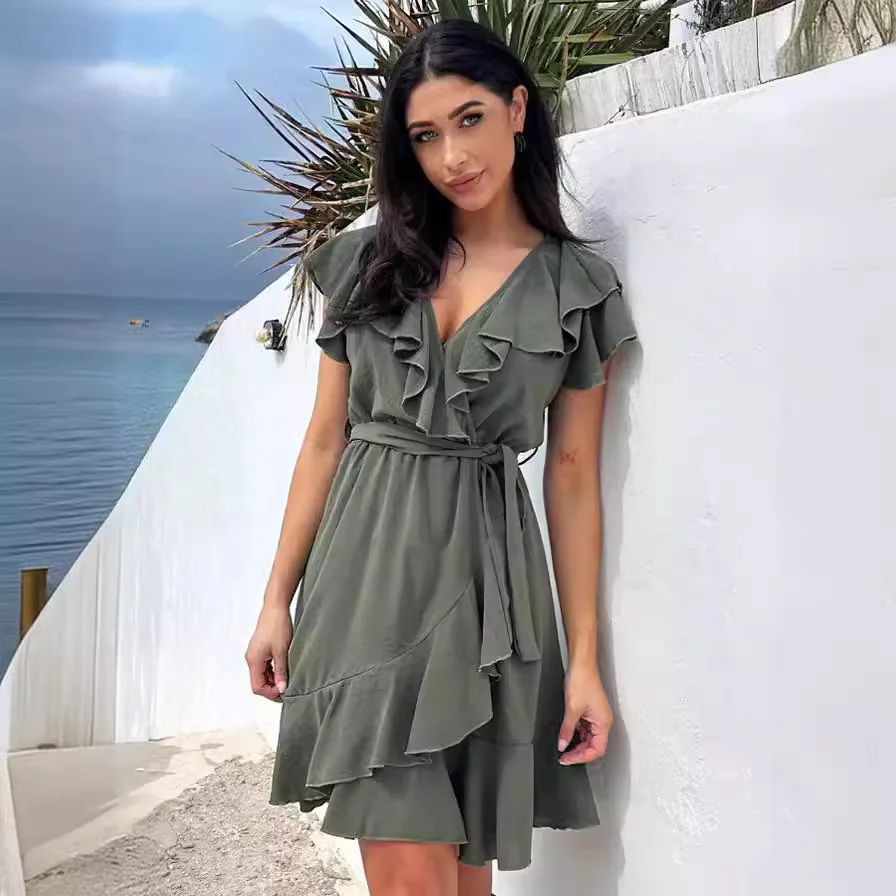 

2024 Women Mini Dress Summer Casual Solid V Neck Ruffles A-line Dress Female Fashion Holiday Boho Loose Beach Elegant Dresses