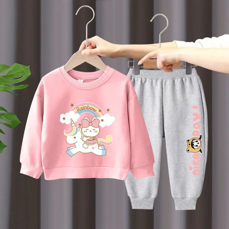 

New Girls Cartoon Sets 2023 Kids Long Sleeve Sports Shirts + Pants Suits Autumn Spring Children‘s Clothing Teen Unicorn 2-10T