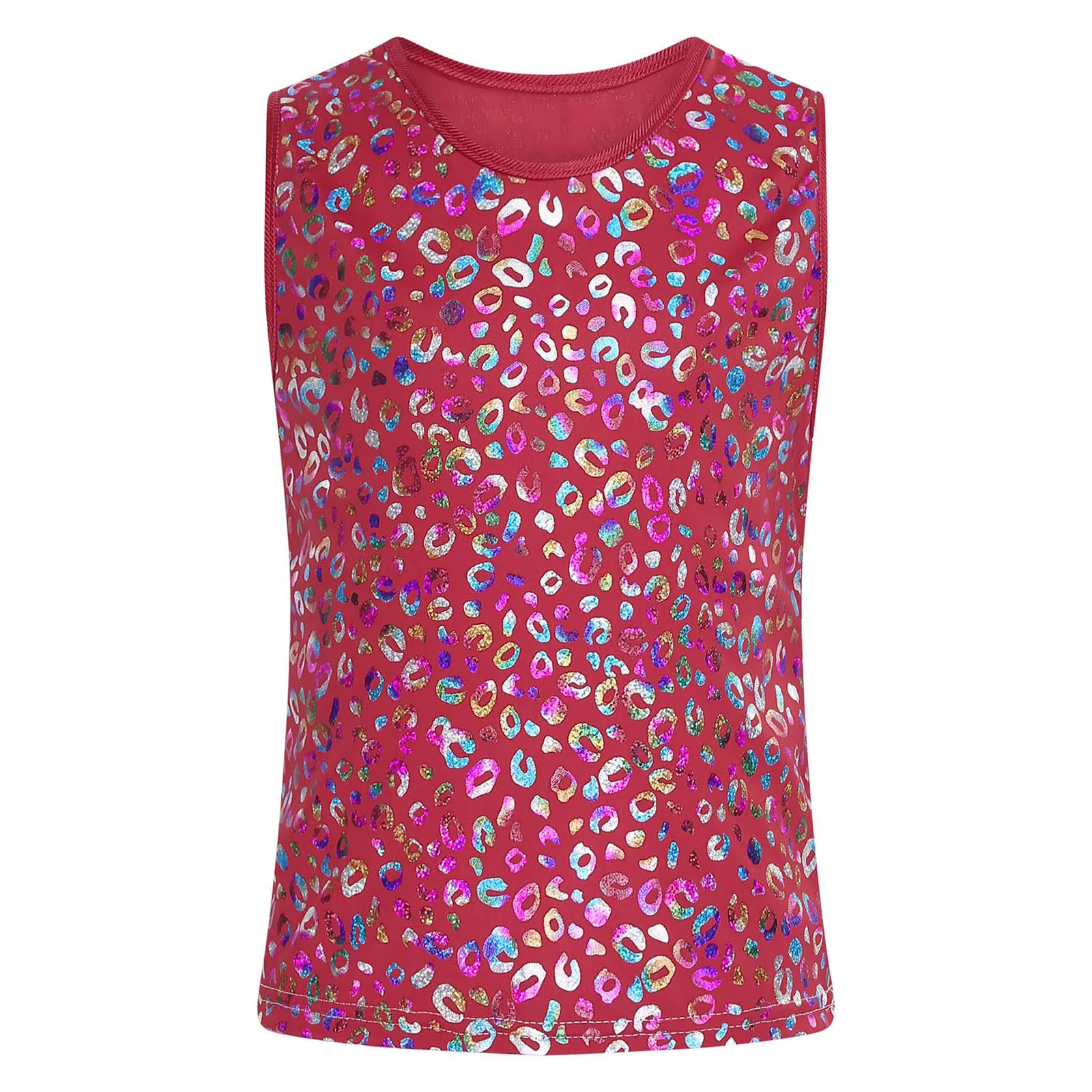 Girls Boys Fashion Sleeveless Tank Top Metallic Leopard Street Kids Cheerleading Tops Jazz Dance Vest Stage Performance Costume