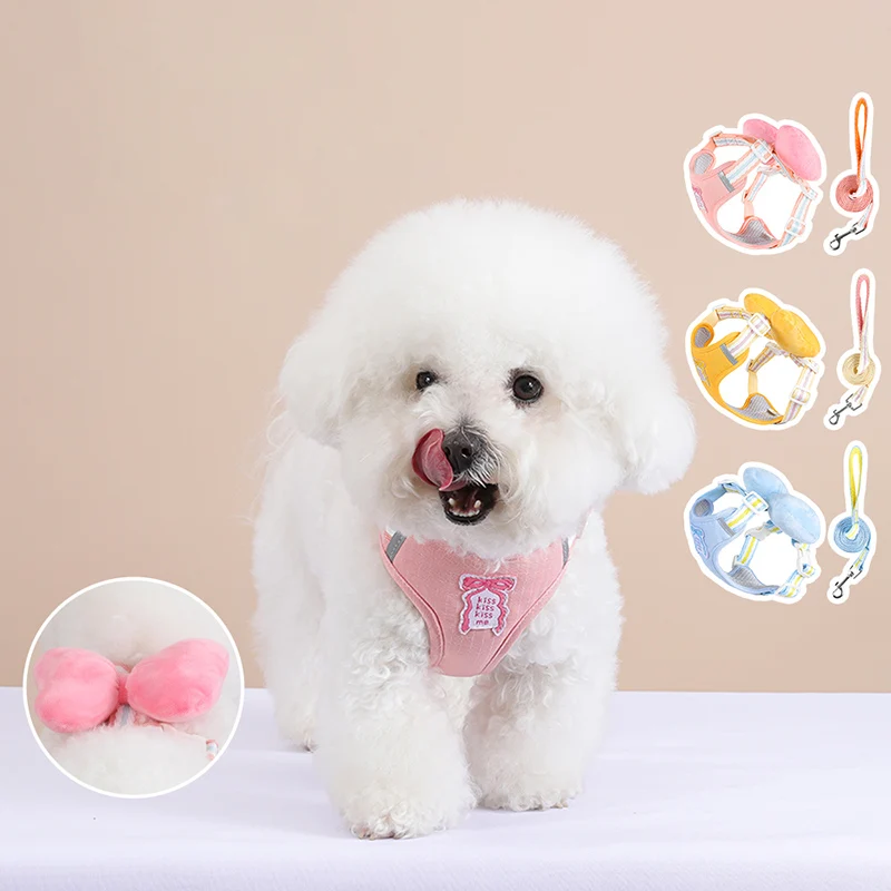 

Fashion Cute Bowknot Puppy Harness with Leash Comfortable Breathable Non-sticky Outdoor Walking Pet Vest for Small Dogs Kittens
