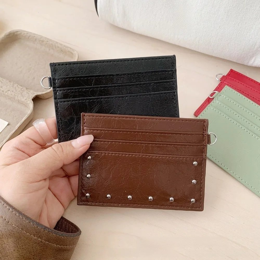 

Elegant Ultra Thin Cracked Leather Card Wallet Mini Size PU Rivet Card Holder Solid Color Multiple Slots Coin Purse Business