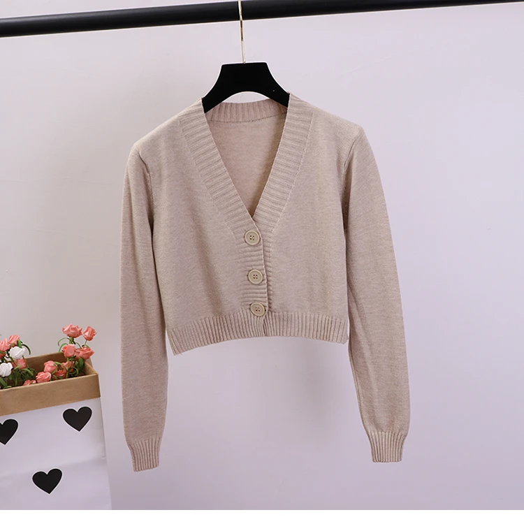 Women's Cropped Cardigan Sweaters Female Black White Short Sweater V Neck Single Breasted Sweater Woman Knitted Cardigan GD153