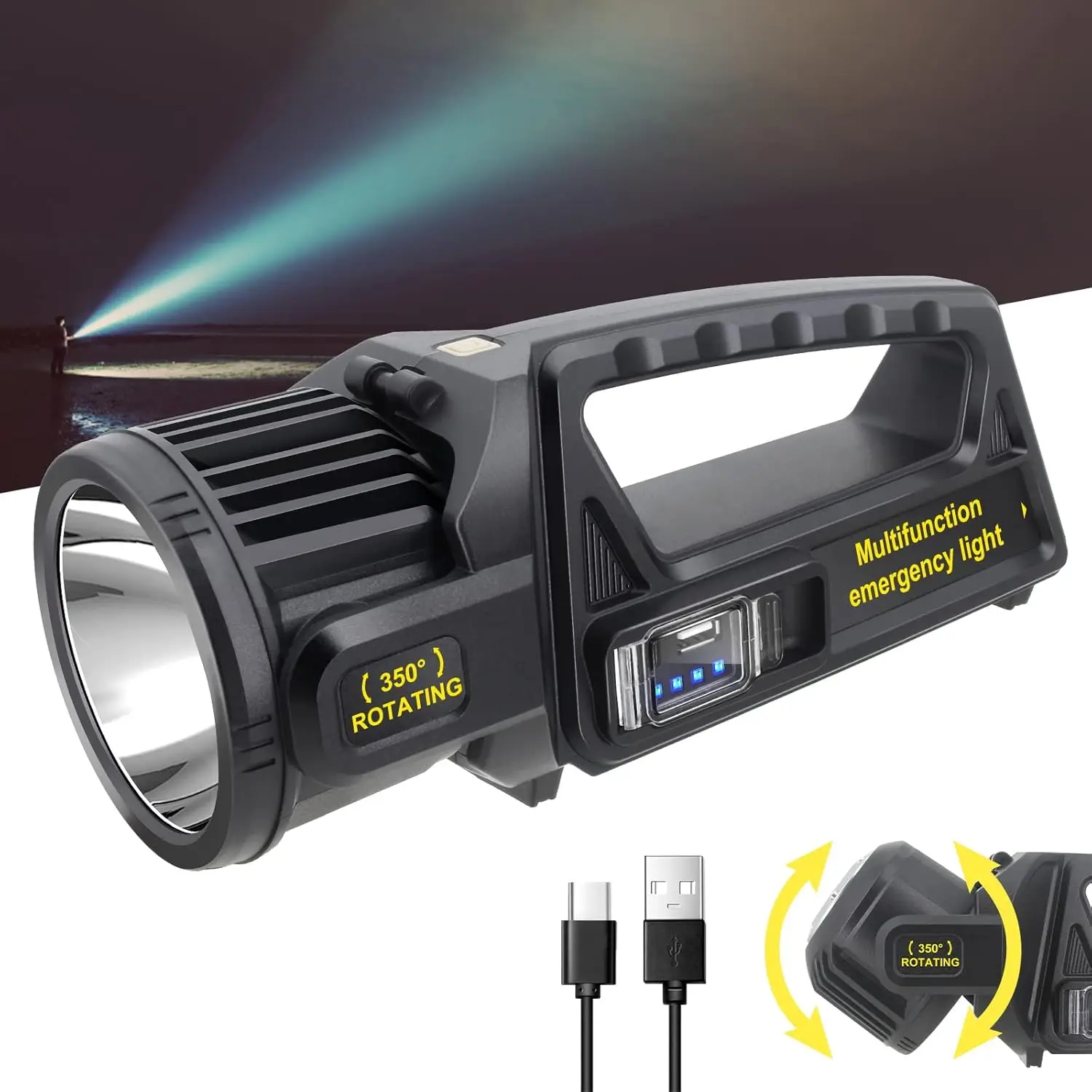 

3000000 Lumens Rechargeable LED Spotlight with 350° Rotate Head, IPX6 Waterproof Solar Flashlight, 9 Modes