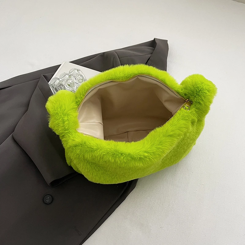 Green Design Plush Shoulder Bag For Women Fashion Chain Handbag Underarm Shopper Purse Winter Clutch Soft Fluffy Crossbody Bag