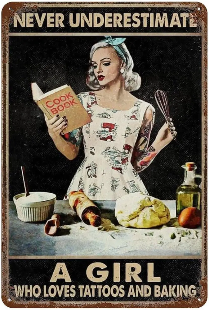 Vintage Tin Sign For Room Never Underestimate A Girl Who Loves Tattoos And Baking Sign Metal Tin Vintage Aluminum Sign For  sign