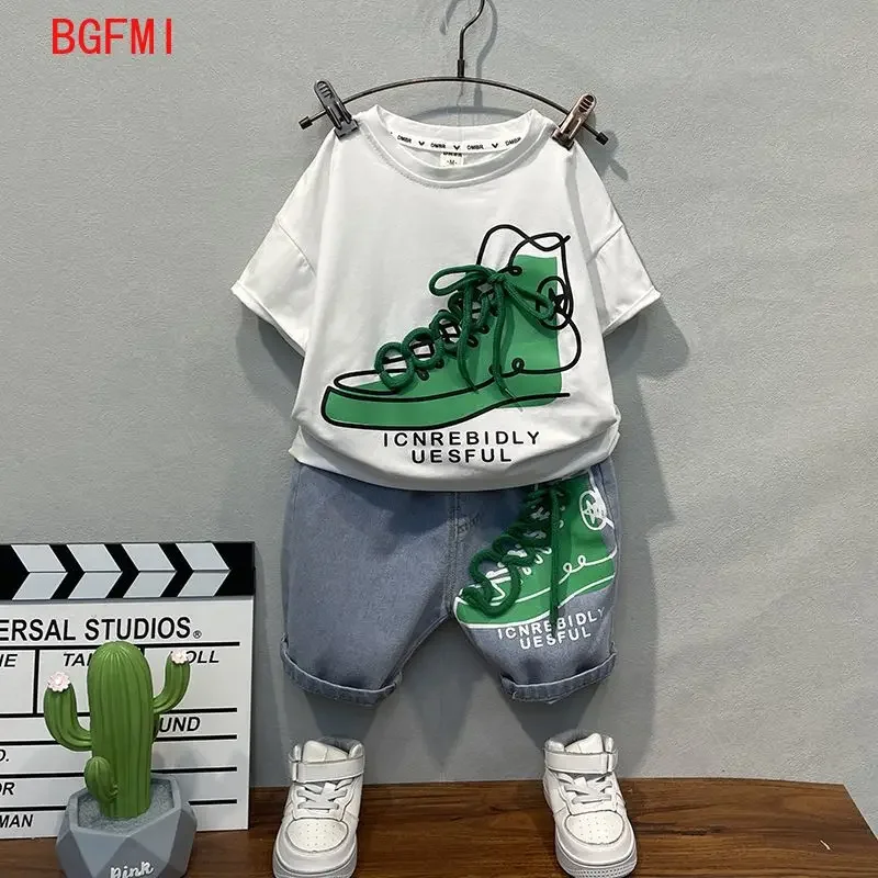 

Korean Summer Kids Boys Short Sleeved T-shirt+Denim Shorts 2pce Suit Outdoor Clothes for Children Fashion Top Cropped Trousers
