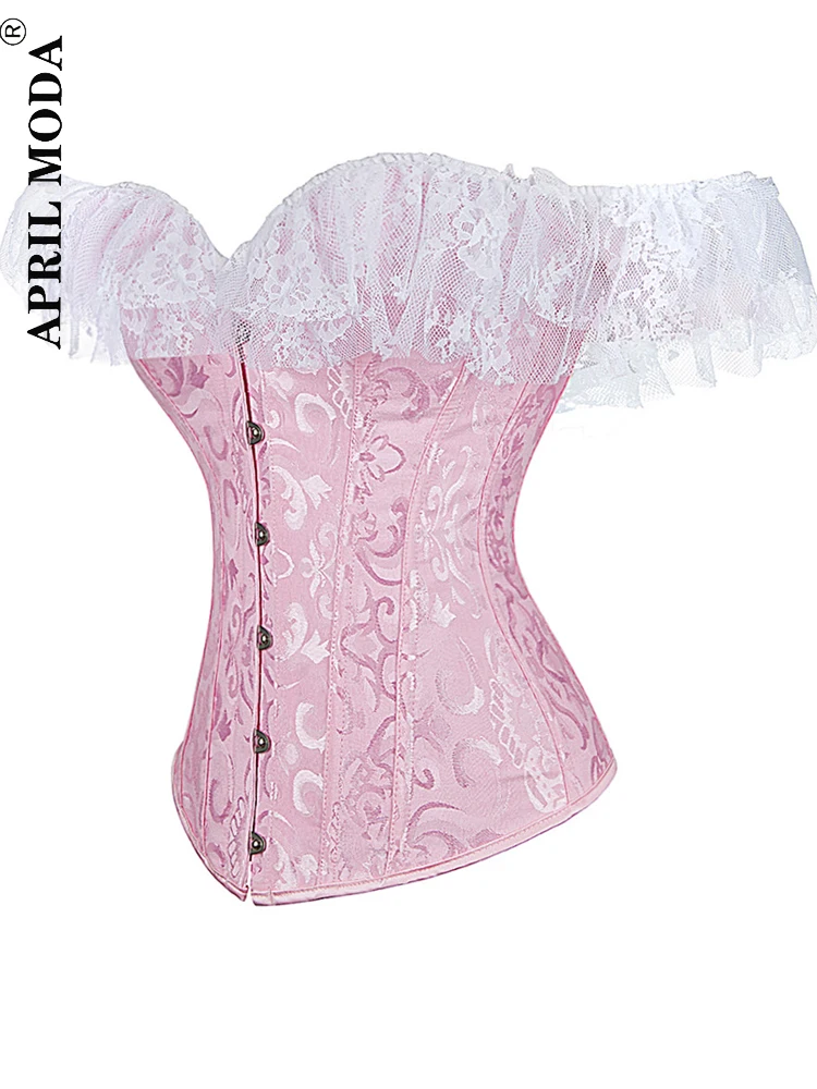 Black White Pink Lace Gothic Corset Tops Steampunk Cosplay Bandage Bodyshaper Elegant Patchwork Dance Party Bustier Costumes