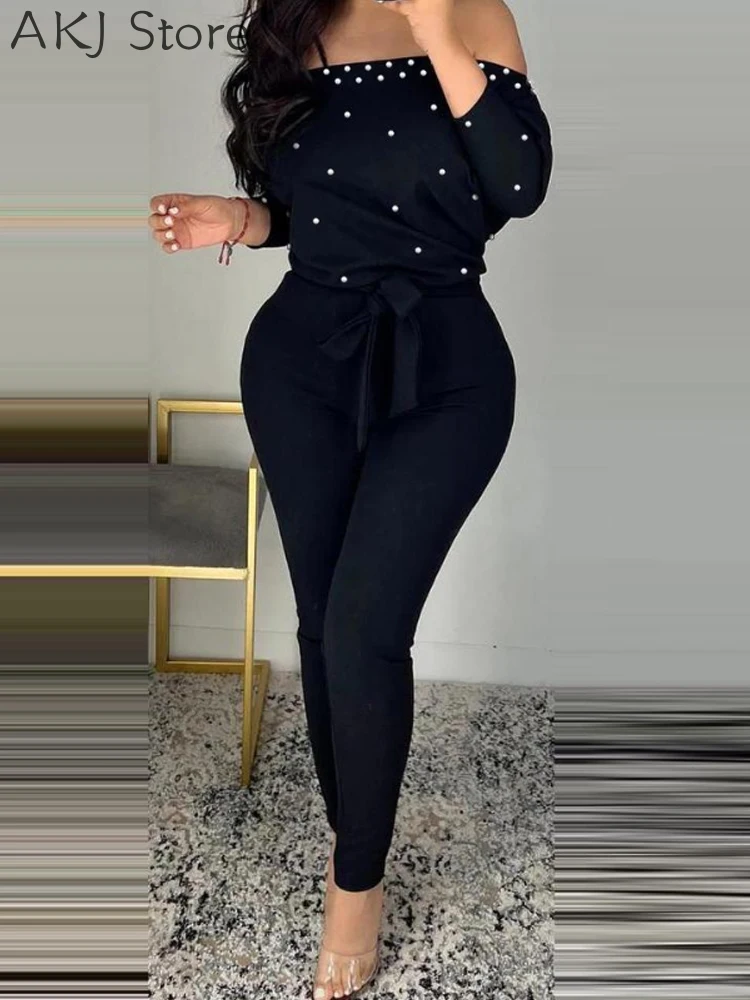 Women Long Sleeve Beaded Design Off Shoulder Jumpsuit