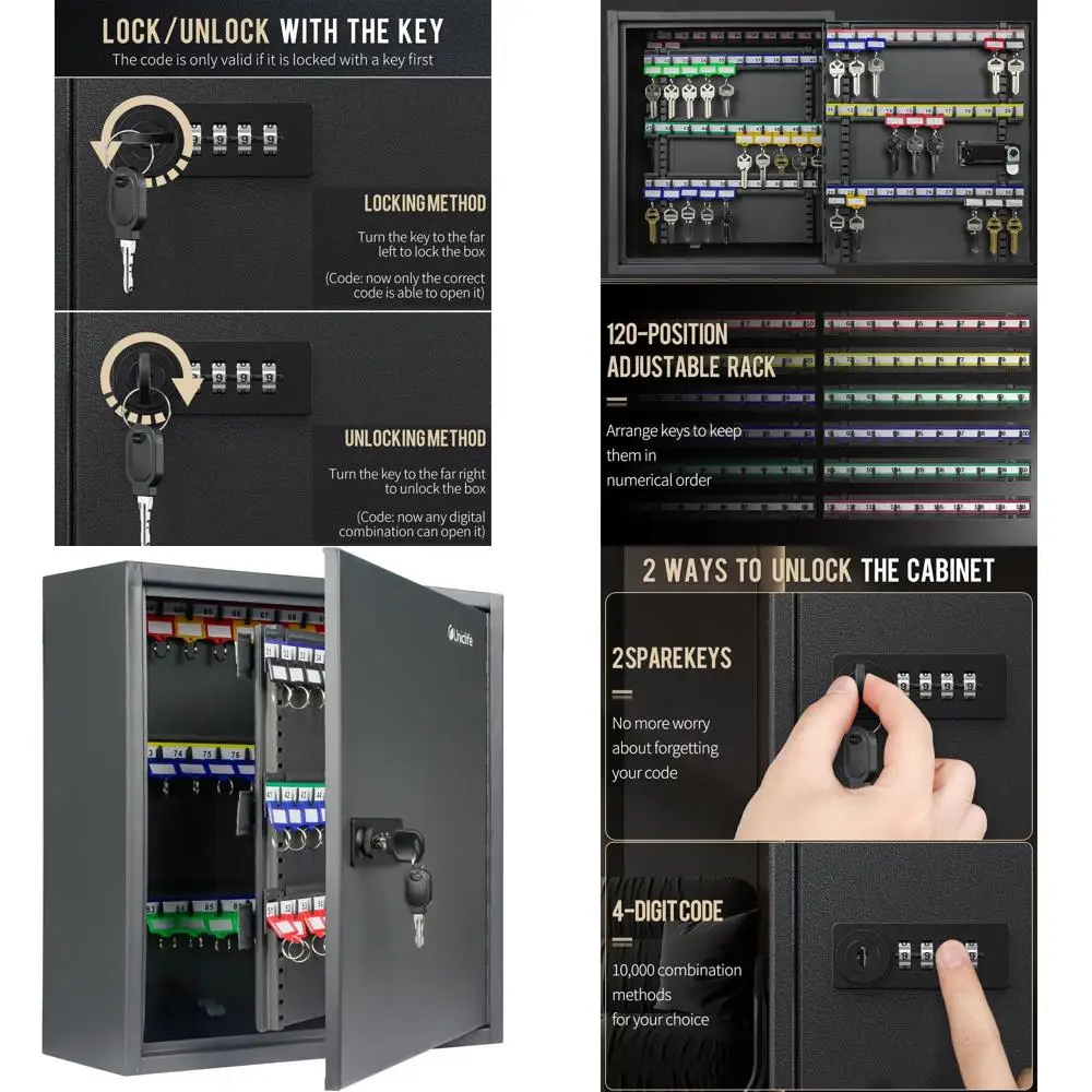 

Digital Security Storage Box: 120-Position Key Cabinet with Combination and Key Lock, Adjustable Racks, Colorful Tags & Hooks