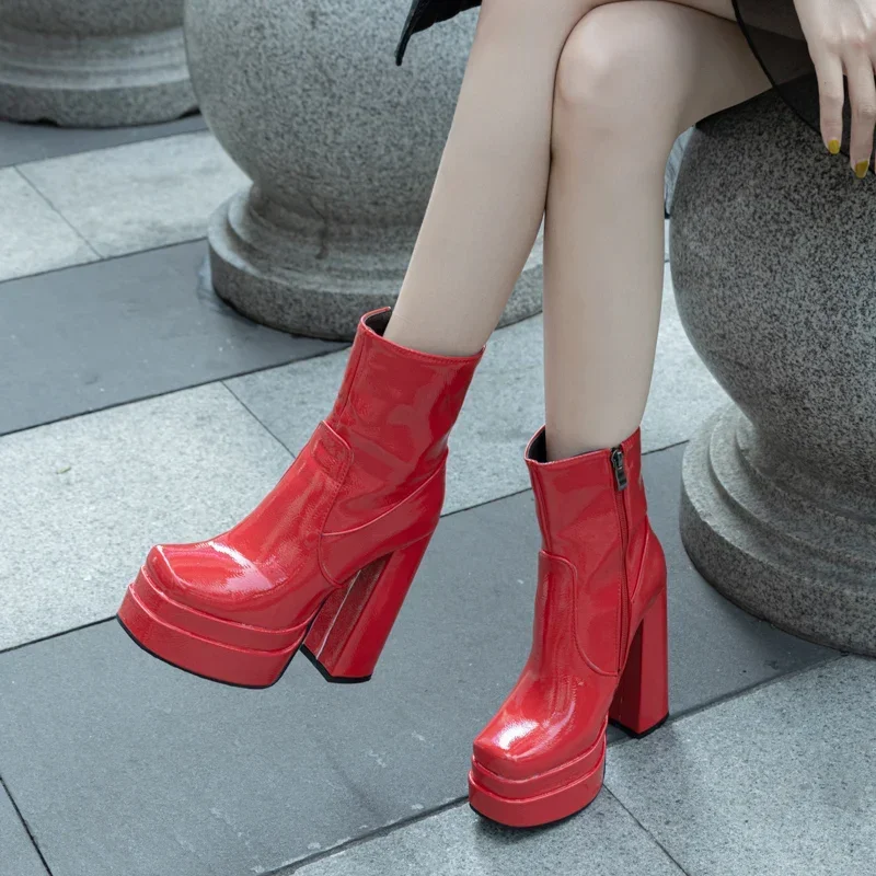 Elegant Women Platform Ankle Boots Black Red Patent Leather High Block Heels Sexy Club Party Ladies Square Toe Plush Short Boots