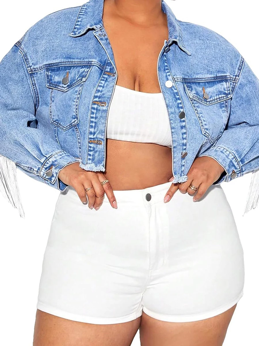 Women s Oversized Denim Jacket with Frayed Hem and Tassel Detail Long Sleeve Turn Down Collar Distressed Crop Coat