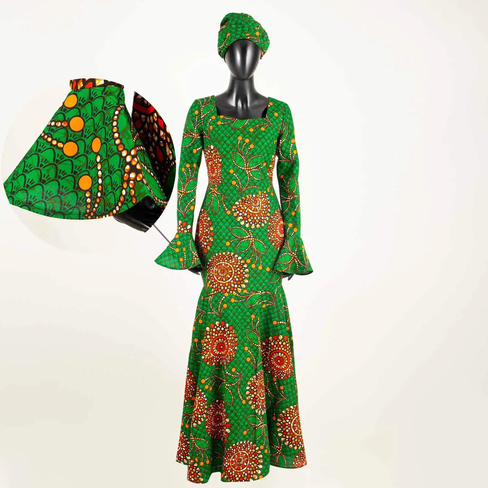 African Dresses for Women 2024 Dashiki Ankara Print Heart Shape Collar With Headscarf Dresses for Formal Occasions 2425015