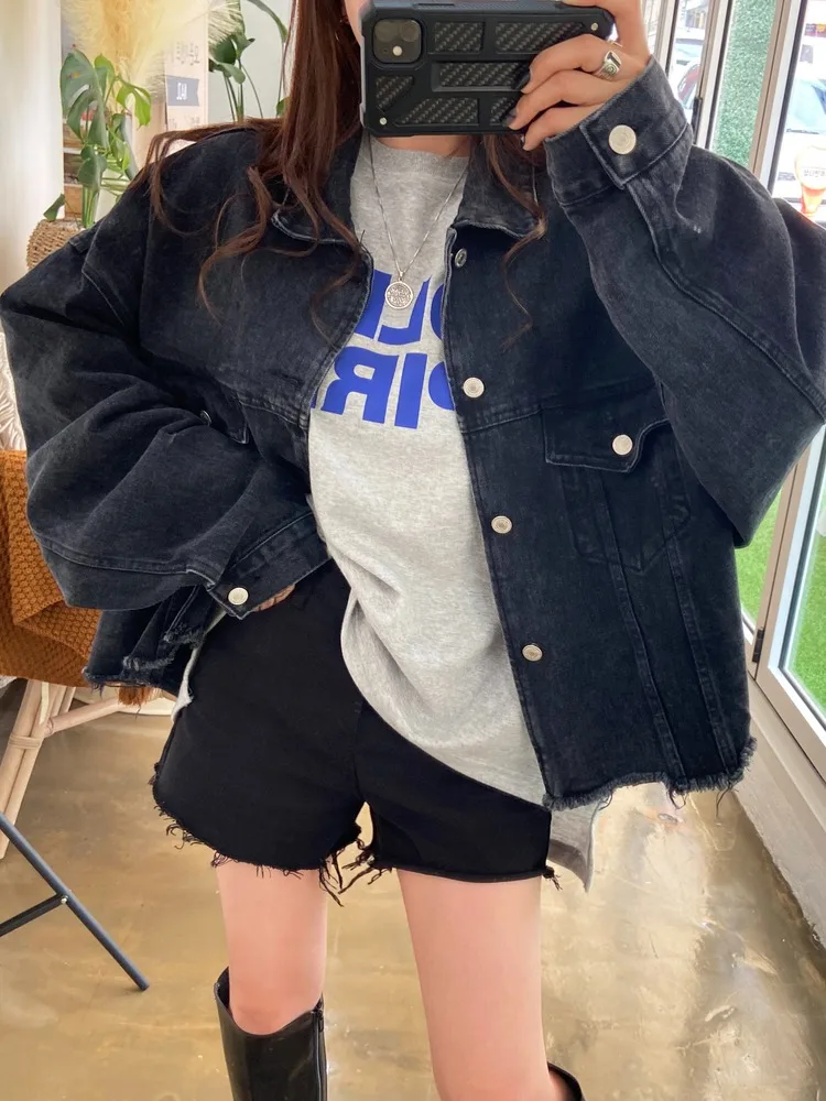 

Retro American Denim Jaet ort Women's Sli Spring Autumn Frayed Design High-End Casual Jaet Commute Sle Other